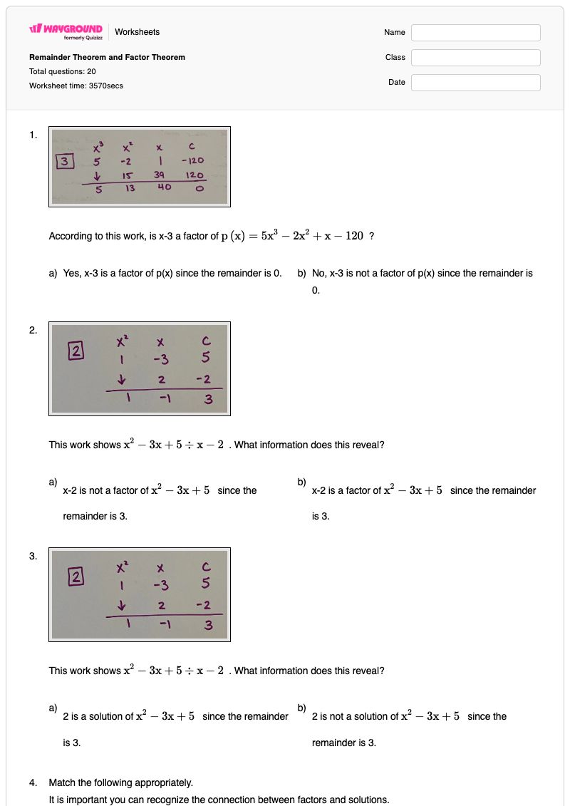 Remainder Theorem and Factor Theorem - Printable Alternating-series-remainder-theorem Worksheets - Wayground