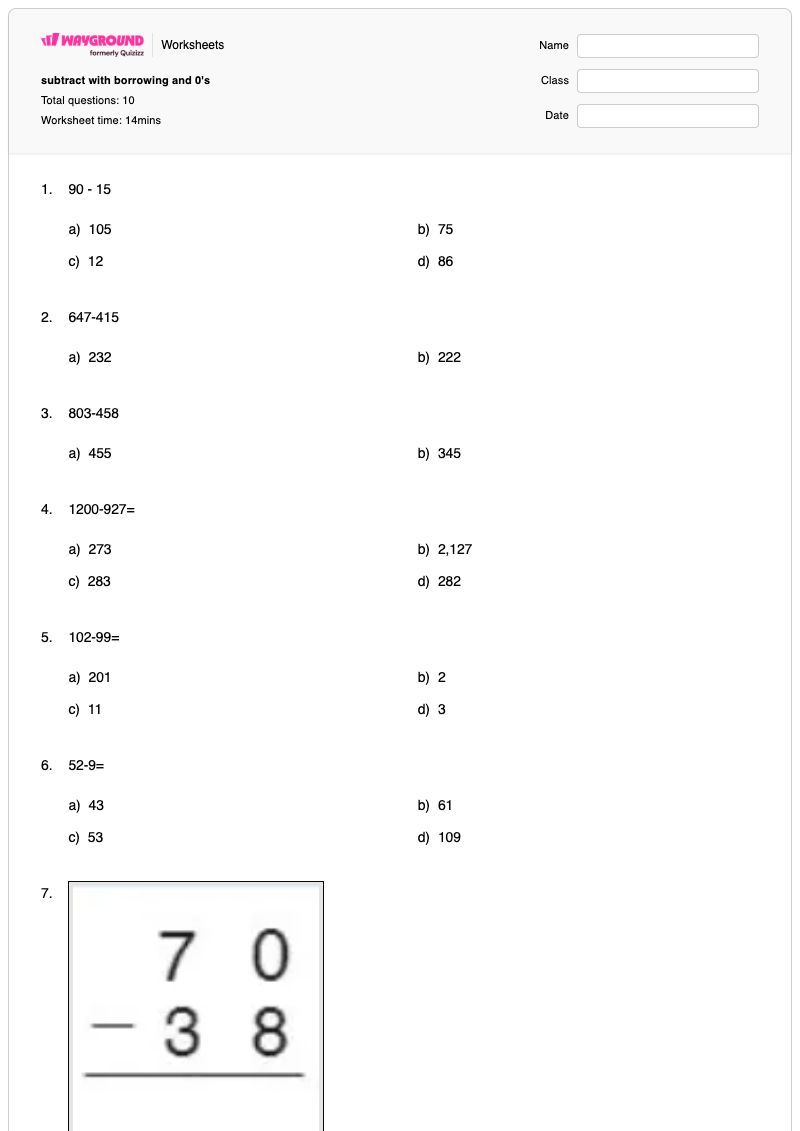 subtract with borrowing and 0's - Printable Subtraction Worksheets - Wayground