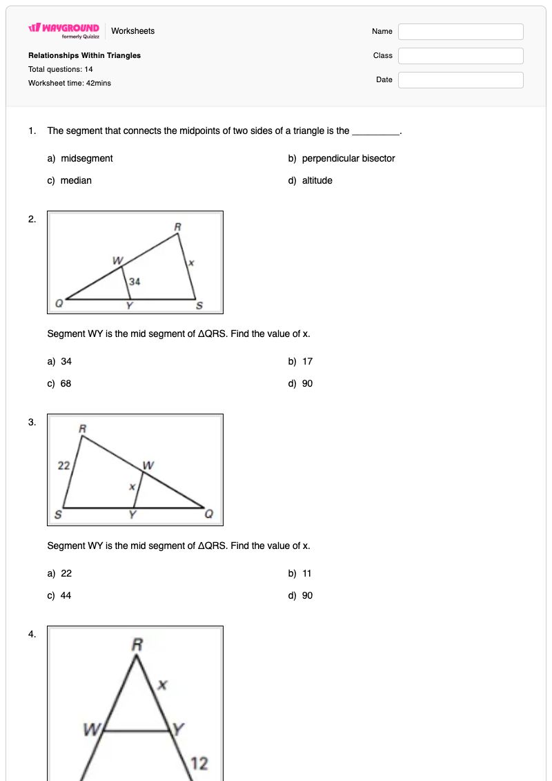 Relationships Within Triangles - พิมพ์ได้ ค่ามัธยฐานและระดับความสูง เวิร์กชีท - Wayground