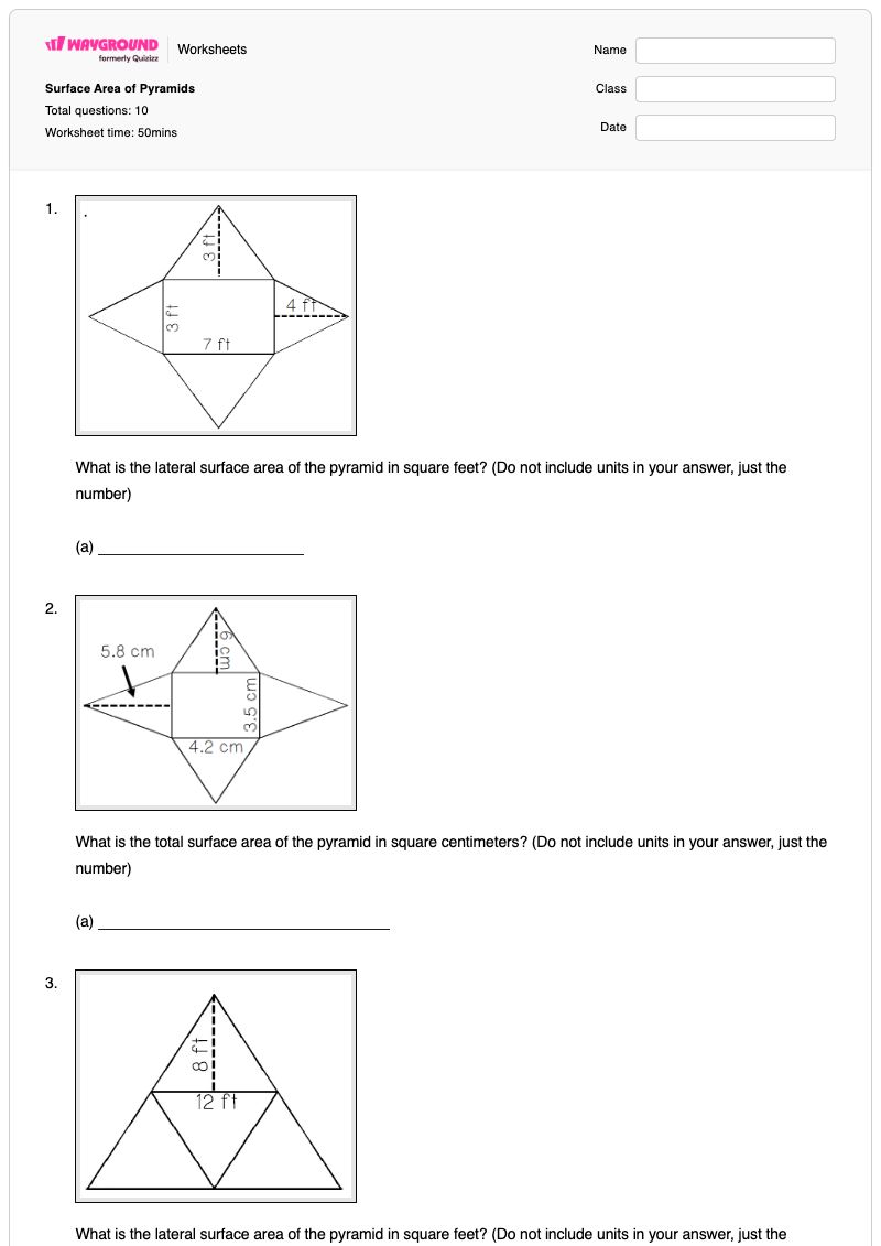 Surface Area of Pyramids - พิมพ์ได้ Lateral-area เวิร์กชีท ระดับ 6 - Wayground
