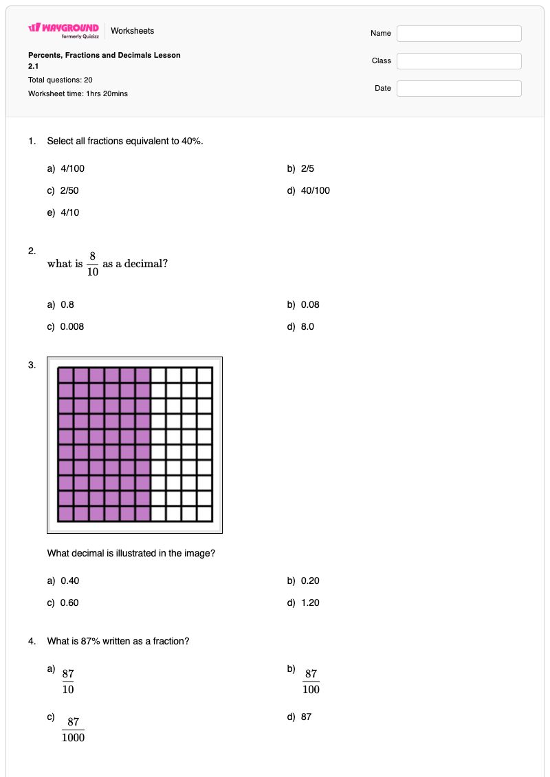 Percents, Fractions and Decimals Lesson 2.1 - Printable Converting-decimals-and-fractions Worksheets Class 6 - Wayground