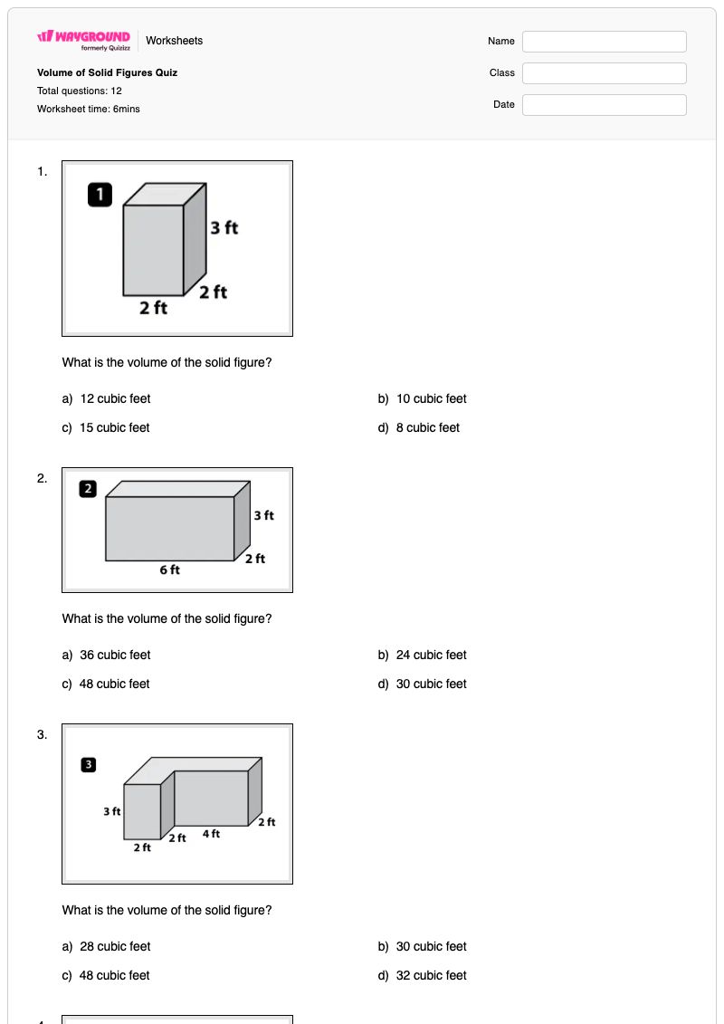 Volume of Solid Figures Quiz - พิมพ์ได้ Solid-figures เวิร์กชีท - Wayground