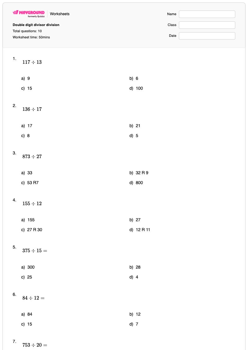 Double digit divisor division - Printable Division Worksheets - Wayground