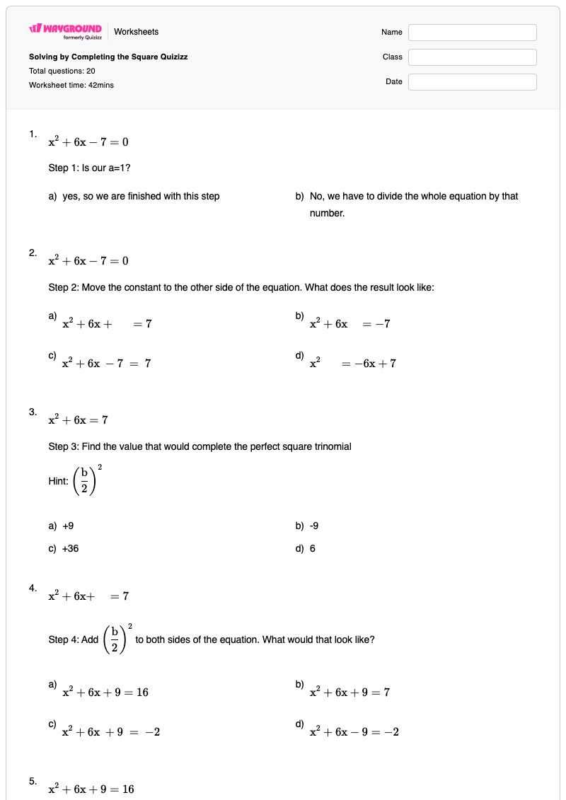 Solving by Completing the Square Quizizz - พิมพ์ได้ การทำให้เป็นกำลังสองสมบูรณ์ เวิร์กชีท - Wayground