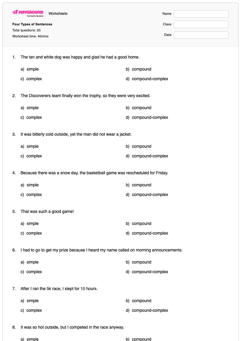 Four Types of Sentences - Printable Types-of-sentences Worksheets - Wayground
