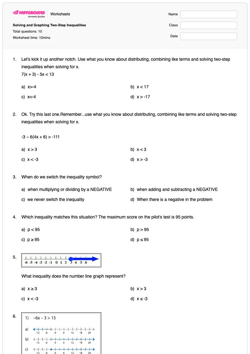 Solving and Graphing Two-Step Inequalities - Printable Two-step-inequalities Worksheets - Wayground