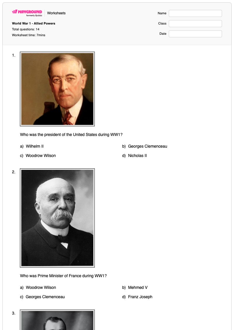 World War 1 - Allied Powers - Printable World-war-1-homefront Worksheets - Wayground