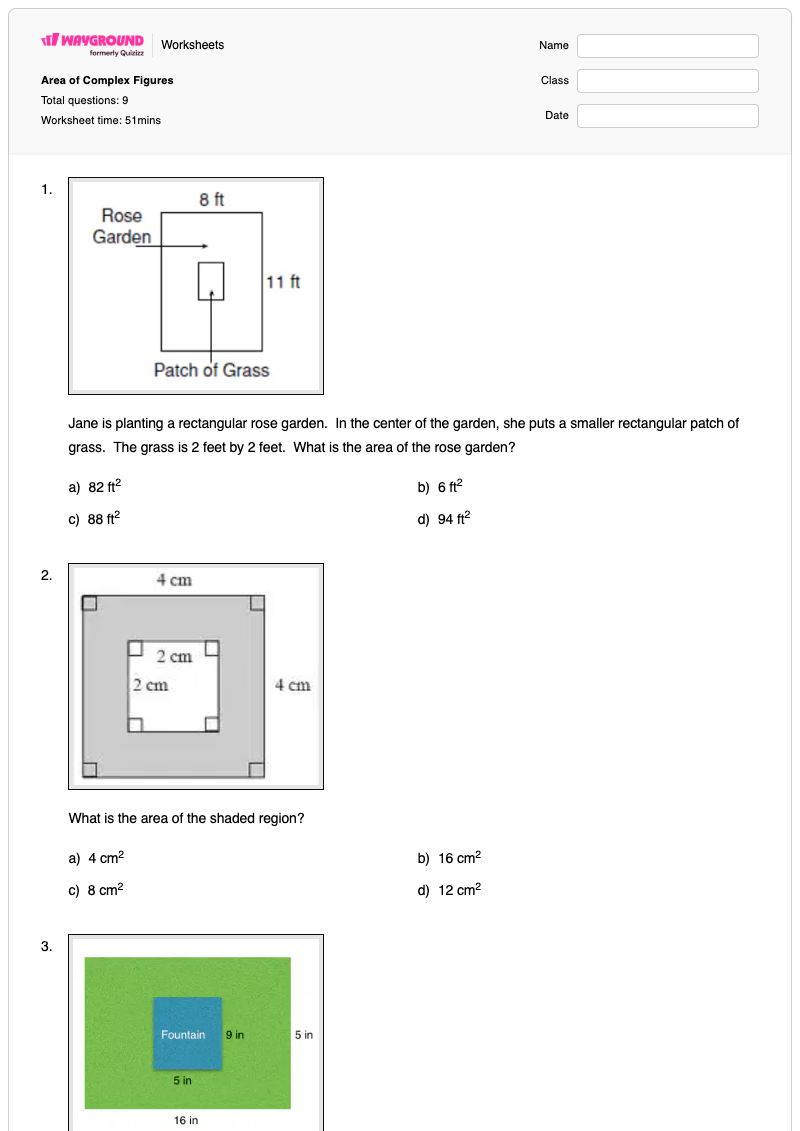 Area of Complex Figures - Printable Area-of-complex-shapes Worksheets Year 6 - Wayground
