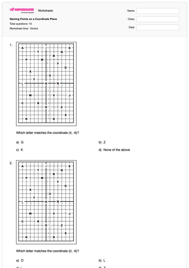 Naming Points on a Coordinate Plane - พิมพ์ได้ Coordinate-points-on-a-plane เวิร์กชีท - Wayground