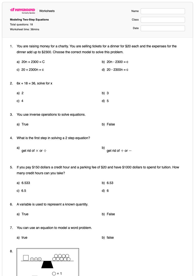Modeling Two-Step Equations - พิมพ์ได้ สมการสองขั้นตอน เวิร์กชีท - Wayground