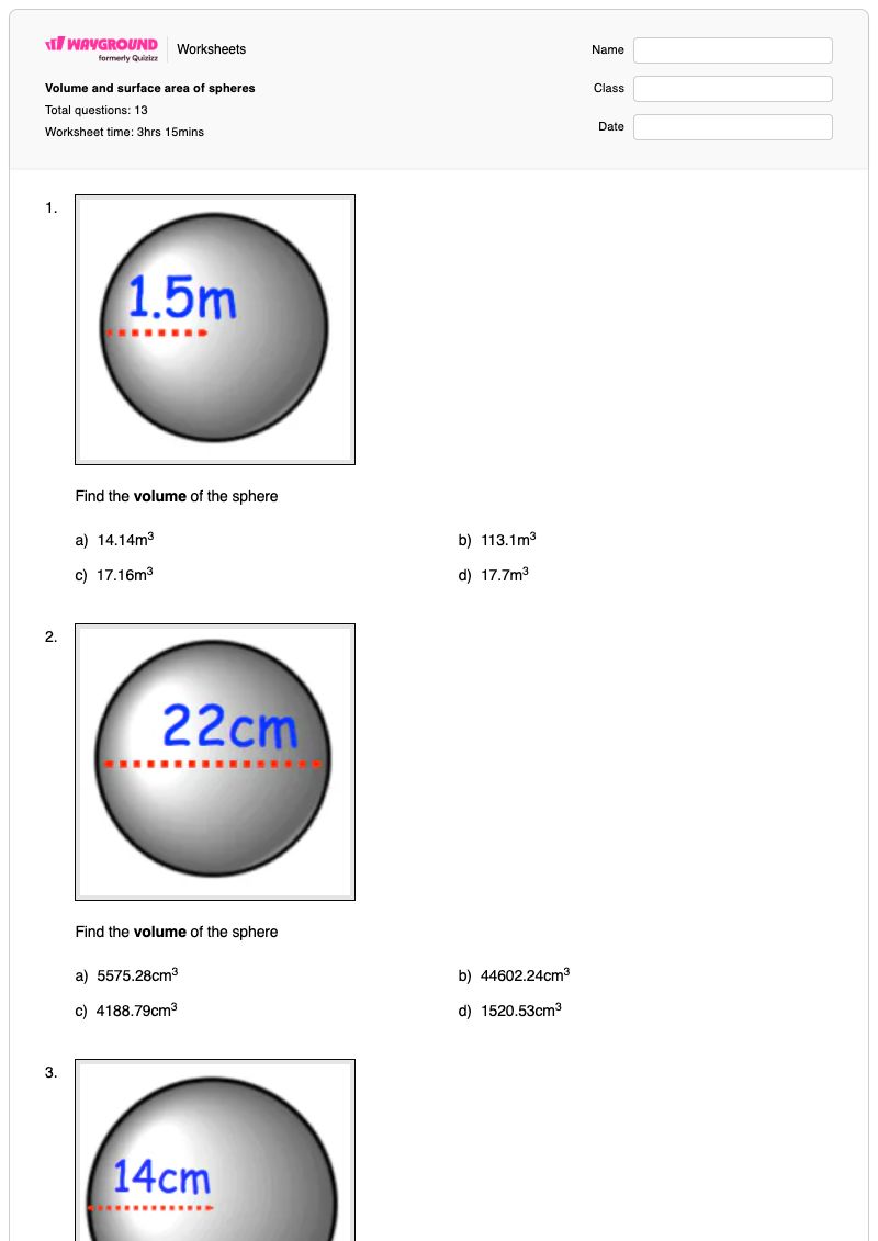 Volume and surface area of spheres - Printable Volume-and-surface-area Worksheets - Wayground