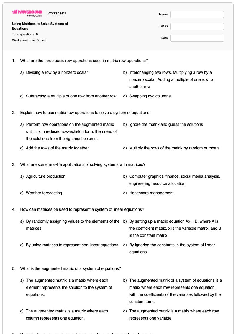 Using Matrices to Solve Systems of Equations - Printable Systems-of-equations Worksheets - Wayground