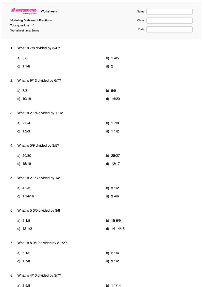 Modeling Division of Fractions - Printable Division Worksheets - Wayground