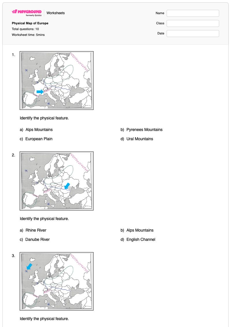 Physical Map of Europe - พิมพ์ได้ Physical-maps เวิร์กชีท - Wayground