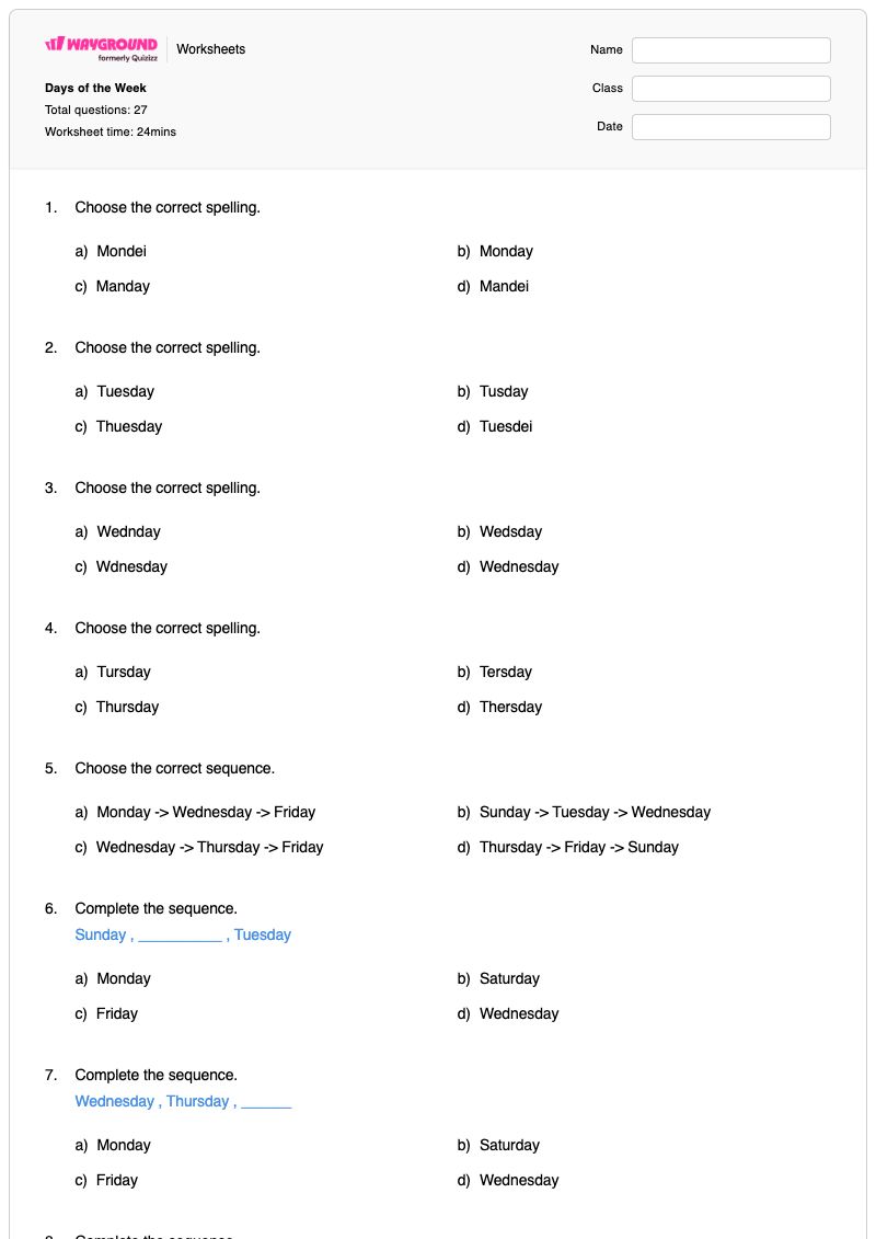 Days of the Week - Printable Days-of-the-week Worksheets - Wayground