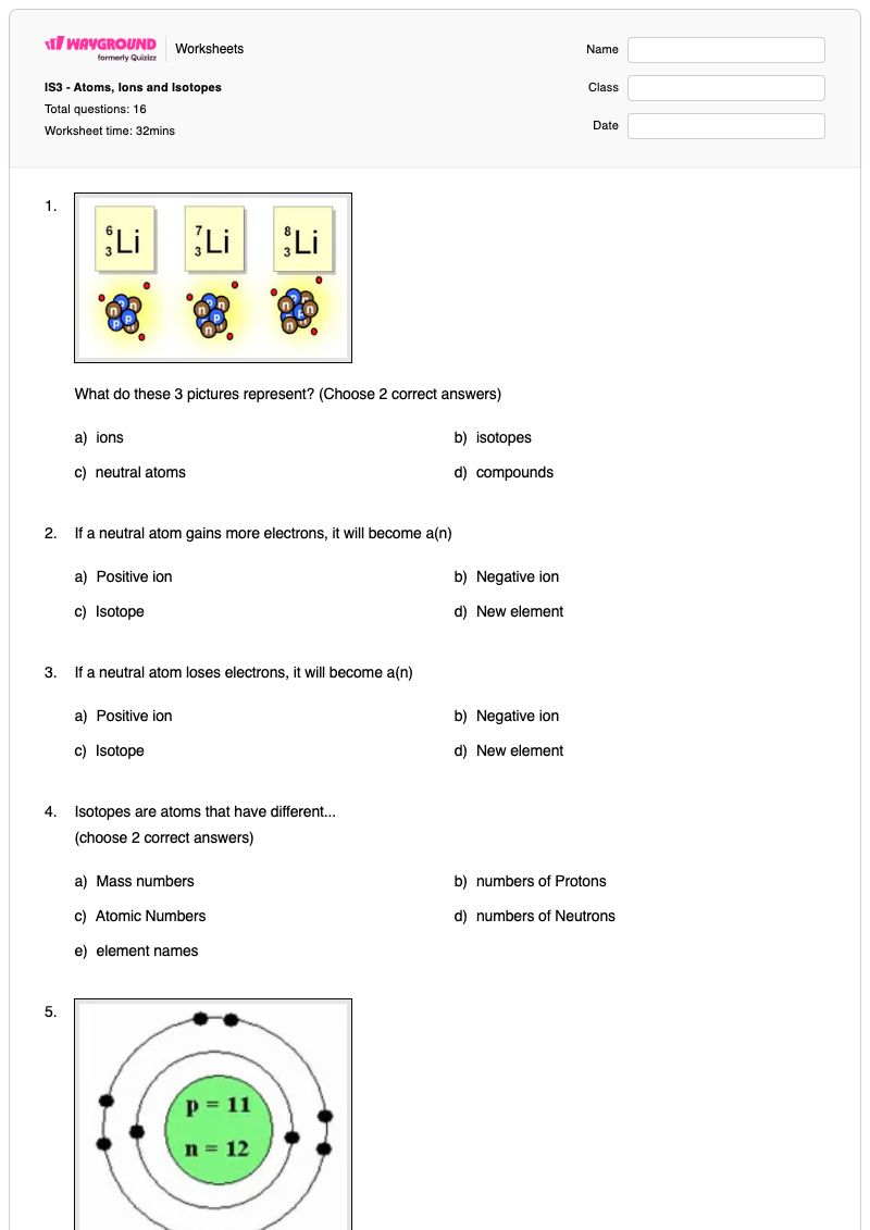 IS3 - Atoms, Ions and Isotopes - พิมพ์ได้ Ions-and-atoms เวิร์กชีท - Wayground