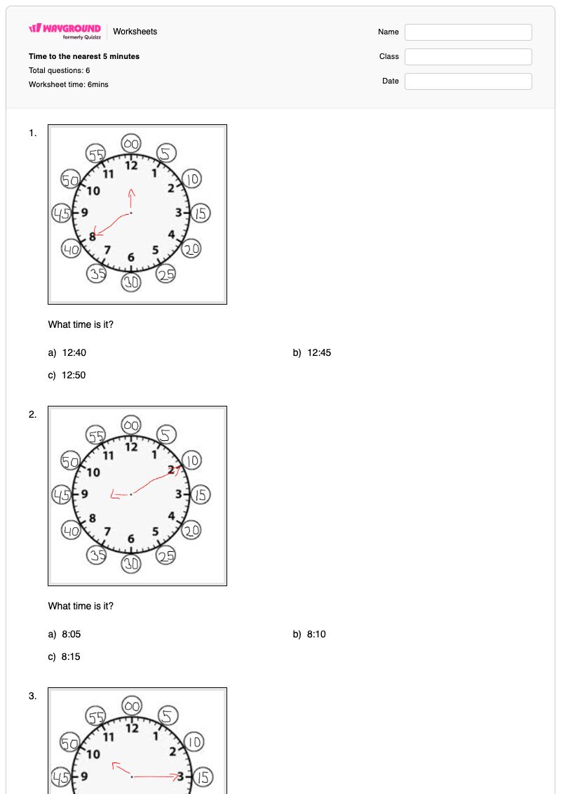 Time to the nearest 5 minutes - Printable Time Worksheets - Wayground