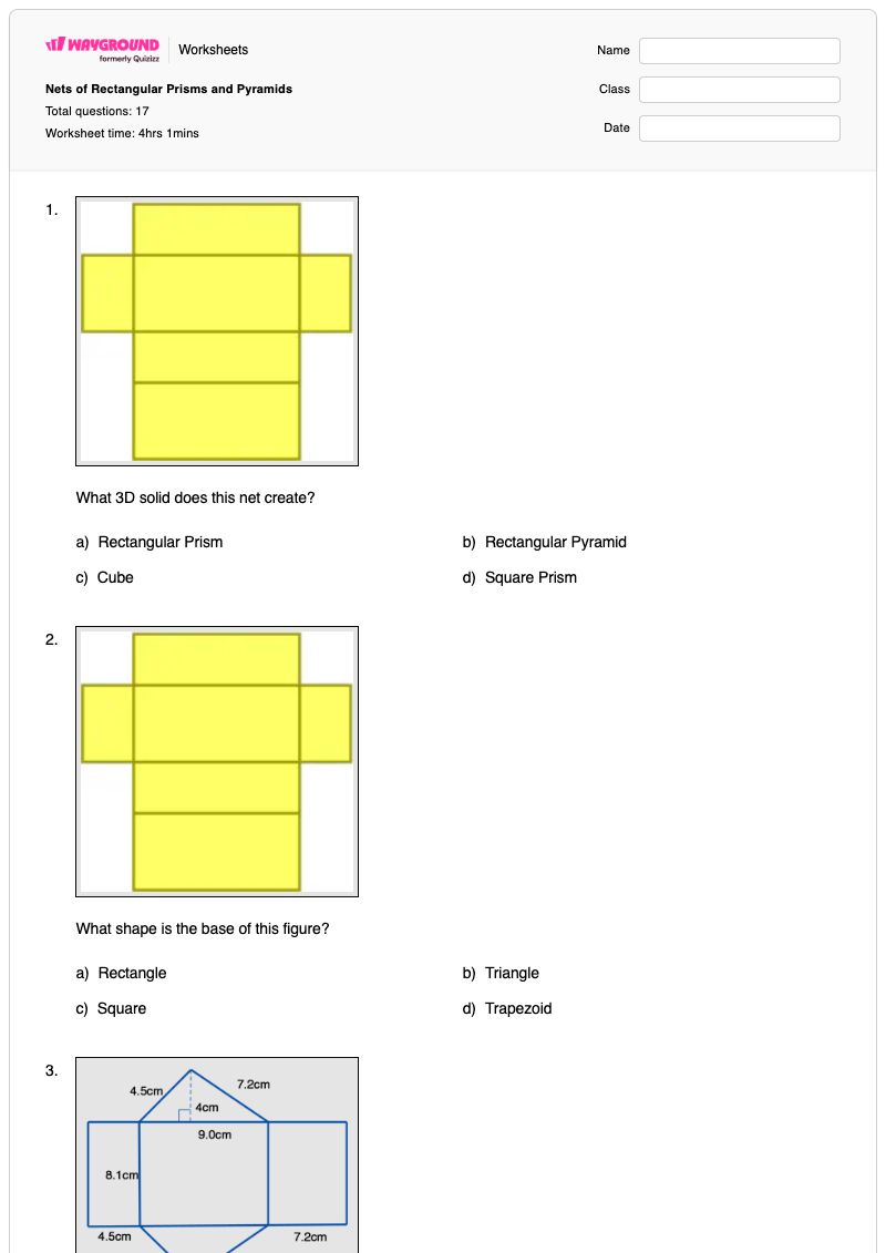Nets of Rectangular Prisms and Pyramids - พิมพ์ได้ ปริซึมสี่เหลี่ยมผืนผ้า เวิร์กชีท - Wayground