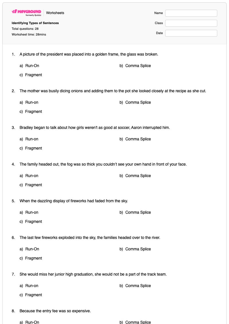 Identifying Types of Sentences - Printable Types-of-sentences Worksheets - Wayground