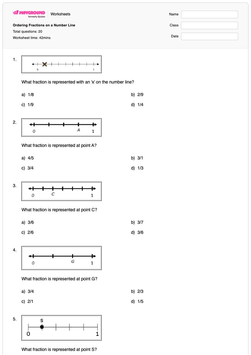 Ordering Fractions on a Number Line - Printable Fractions-on-a-number-line Worksheets - Wayground
