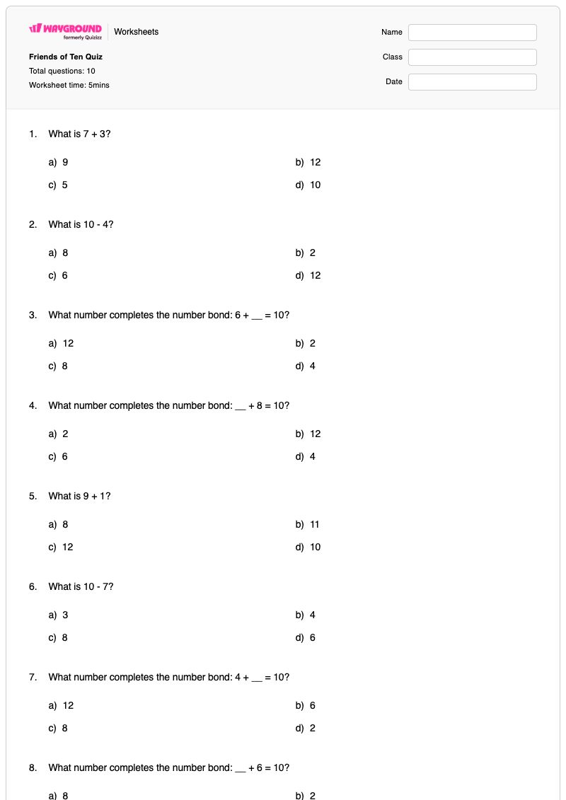 Friends of Ten Quiz - Printable Bonds-of-10 Worksheets - Wayground