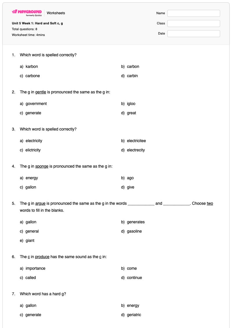 Unit 5 Week 1: Hard and Soft c, g - Printable Hard-c-sound Worksheets Kindergarten - Wayground