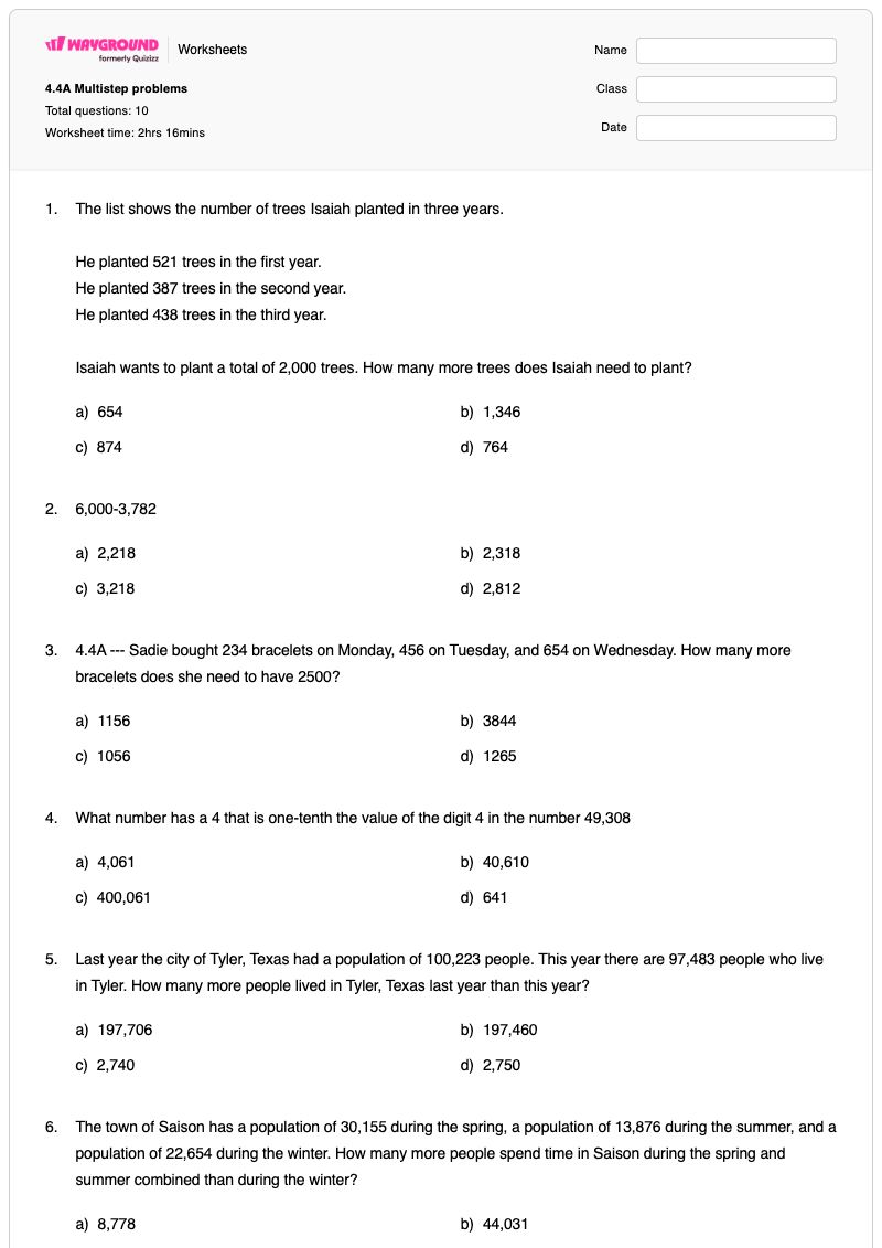 4.4A Multistep problems - พิมพ์ได้ โจทย์ปัญหาเกี่ยวกับการลบ เวิร์กชีท - Wayground
