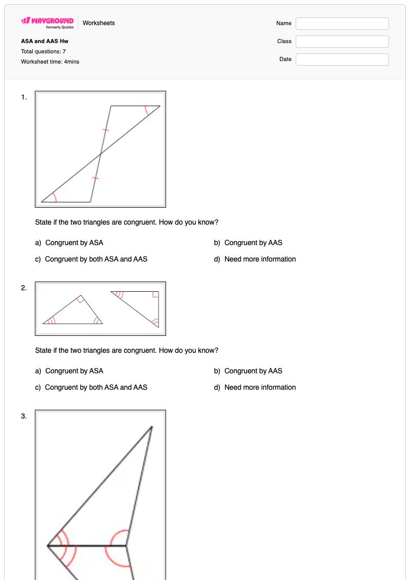 ASA and AAS Hw - Printable Congruence Worksheets - Wayground