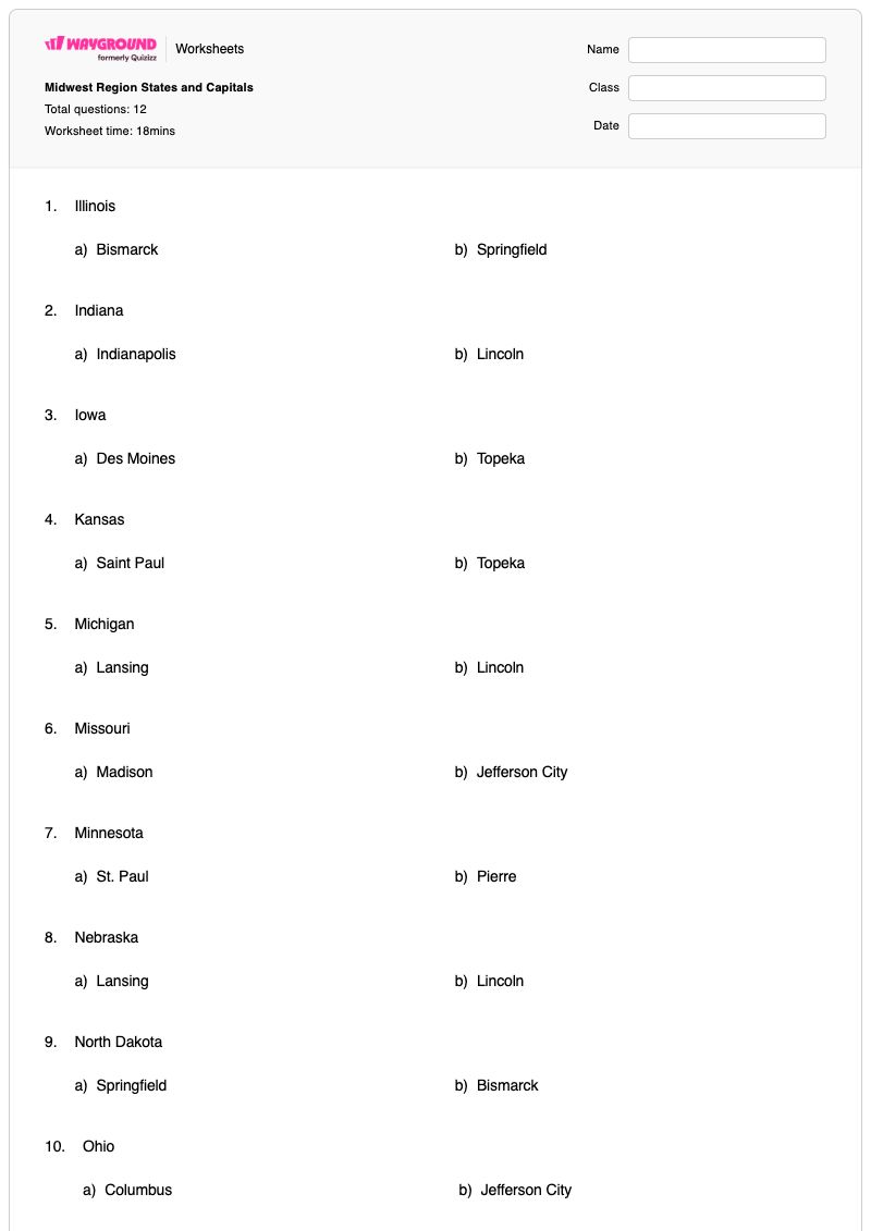 Midwest Region States and Capitals - Printable States-and-capitals Worksheets - Wayground