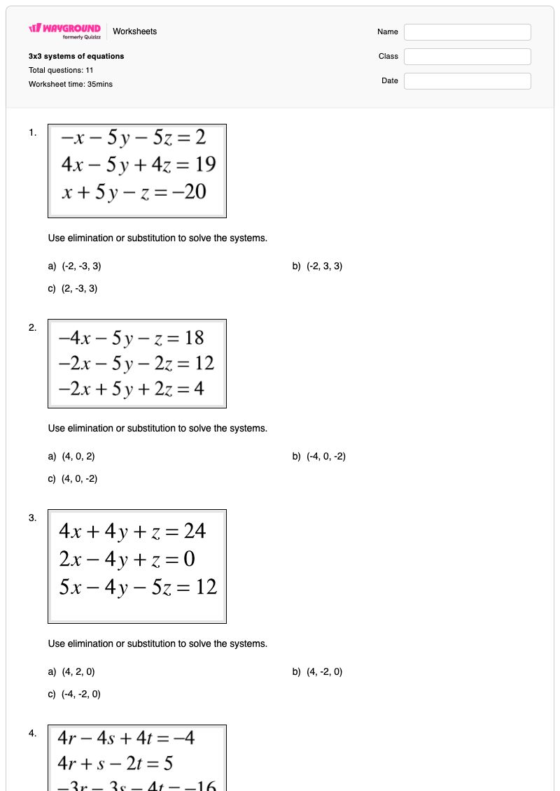 3x3 systems of equations - Printable Systems-of-equations Worksheets - Wayground