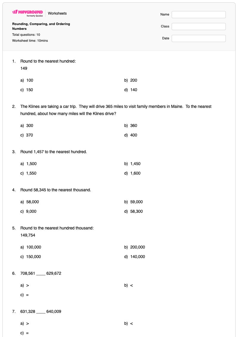 Rounding, Comparing, and Ordering Numbers - พิมพ์ได้ Number-ordering เวิร์กชีท - Wayground