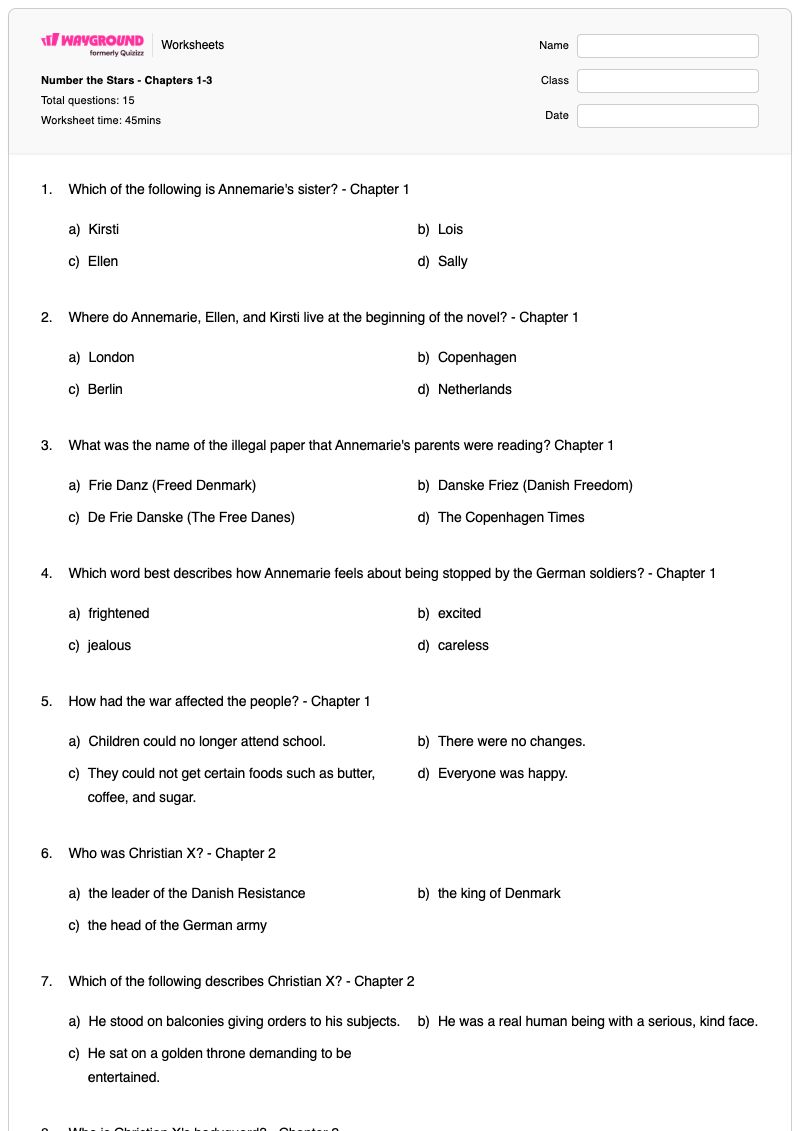 Number the Stars - Chapters 1-3 - Printable Number-the-stars Worksheets Year 4 - Wayground