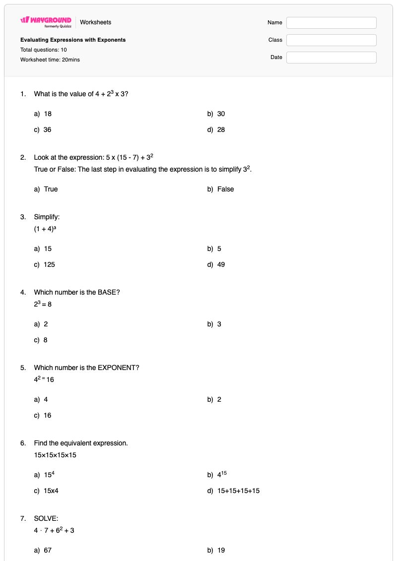 Evaluating Expressions with Exponents - พิมพ์ได้ การประเมินนิพจน์ เวิร์กชีท - Wayground