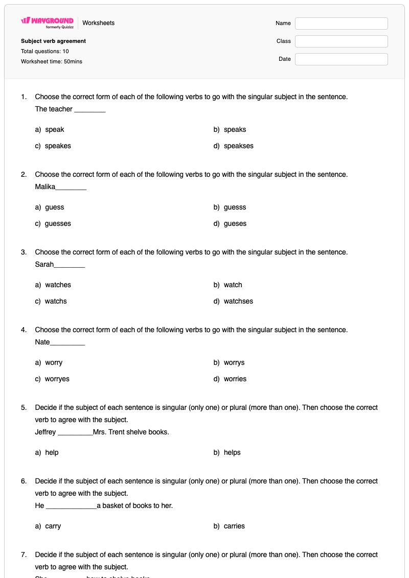 Subject verb agreement - พิมพ์ได้ จากเอกพจน์เป็นพหูพจน์ เวิร์กชีท - Wayground