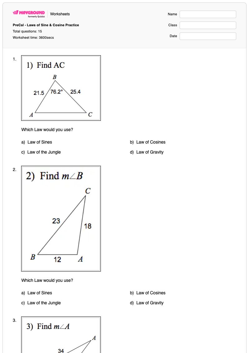 PreCal - Laws of Sine & Cosine Practice - พิมพ์ได้ Area-of-a-kite เวิร์กชีท ระดับ 11 - Wayground