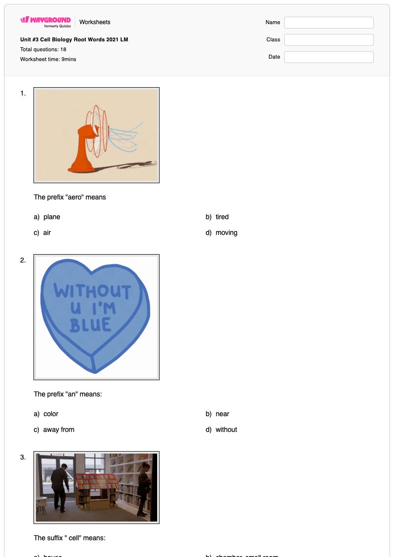 Unit #3 Cell Biology Root Words 2021 LM - พิมพ์ได้ Prefixes-and-suffixes เวิร์กชีท - Wayground