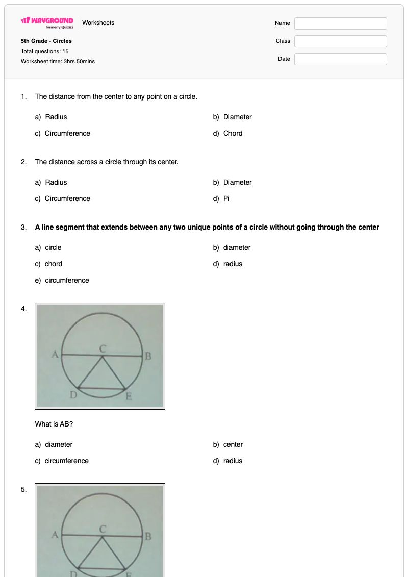 5th Grade  - Circles - พิมพ์ได้ Diameter เวิร์กชีท ระดับ 5 - Wayground