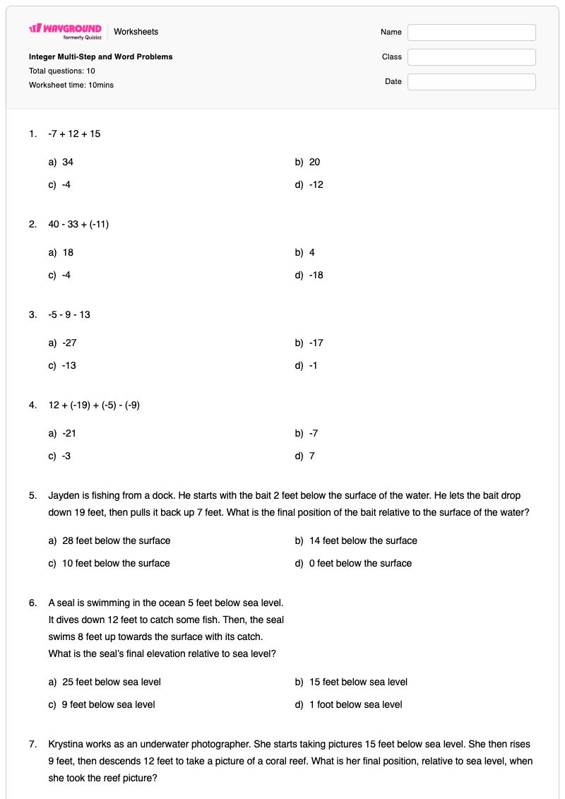 Integer Multi-Step and Word Problems - พิมพ์ได้ จำนวนเต็มที่ต่อเนื่องกัน เวิร์กชีท - Wayground