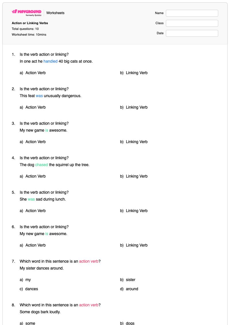 Action or Linking Verbs - พิมพ์ได้ คำกริยาแสดงการกระทำ เวิร์กชีท - Wayground