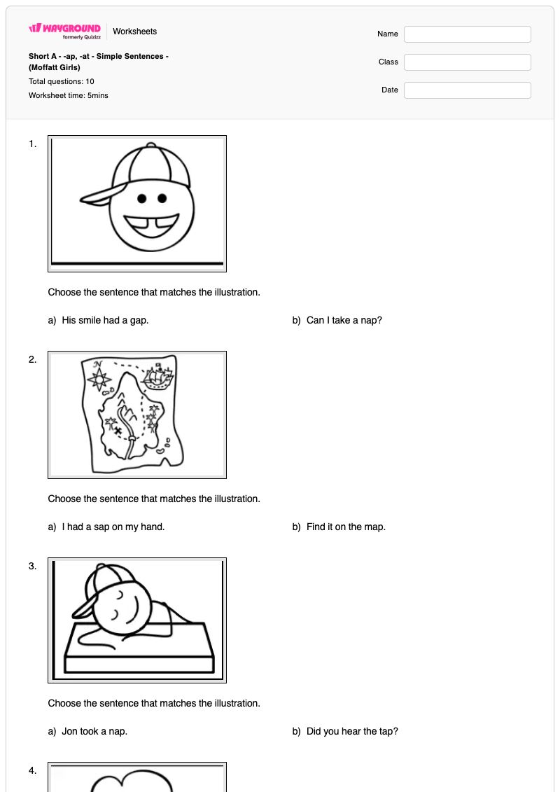 Short A - -ap, -at - Simple Sentences - (Moffatt Girls) - Printable Word-families Worksheets - Wayground