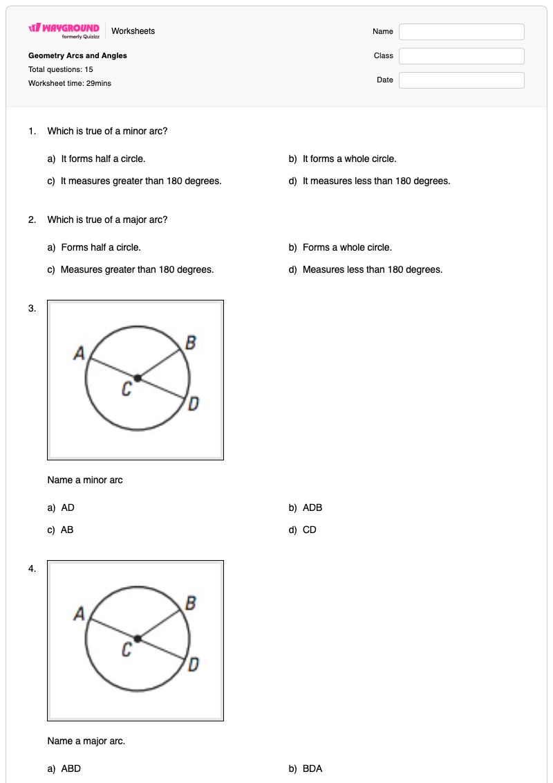 Geometry Arcs and Angles - พิมพ์ได้ Arcs เวิร์กชีท - Wayground