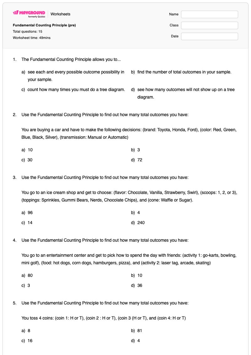 Fundamental Counting Principle (pre) - Printable Counting-principle Worksheets Year 10 - Wayground