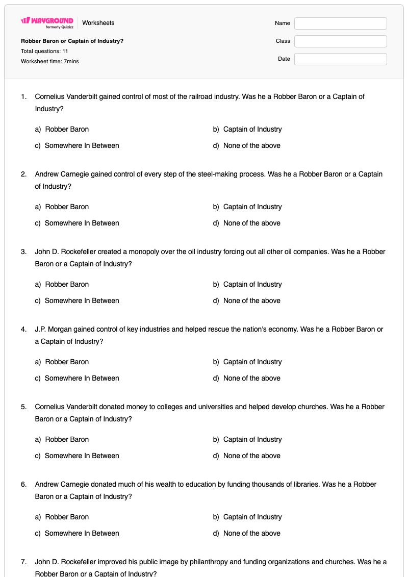 Robber Baron or Captain of Industry? - Printable Captains-of-industry Worksheets - Wayground