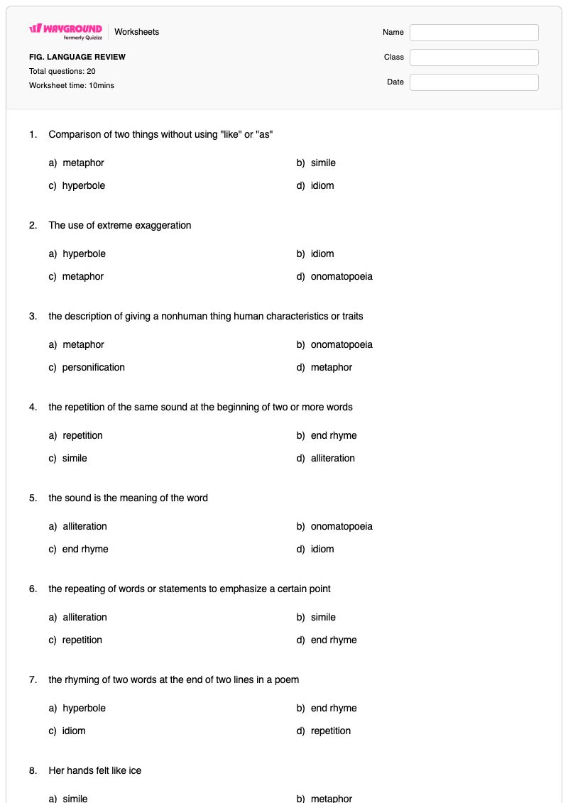 FIG. LANGUAGE REVIEW - พิมพ์ได้ ภาษาเปรียบเทียบ เวิร์กชีท - Wayground