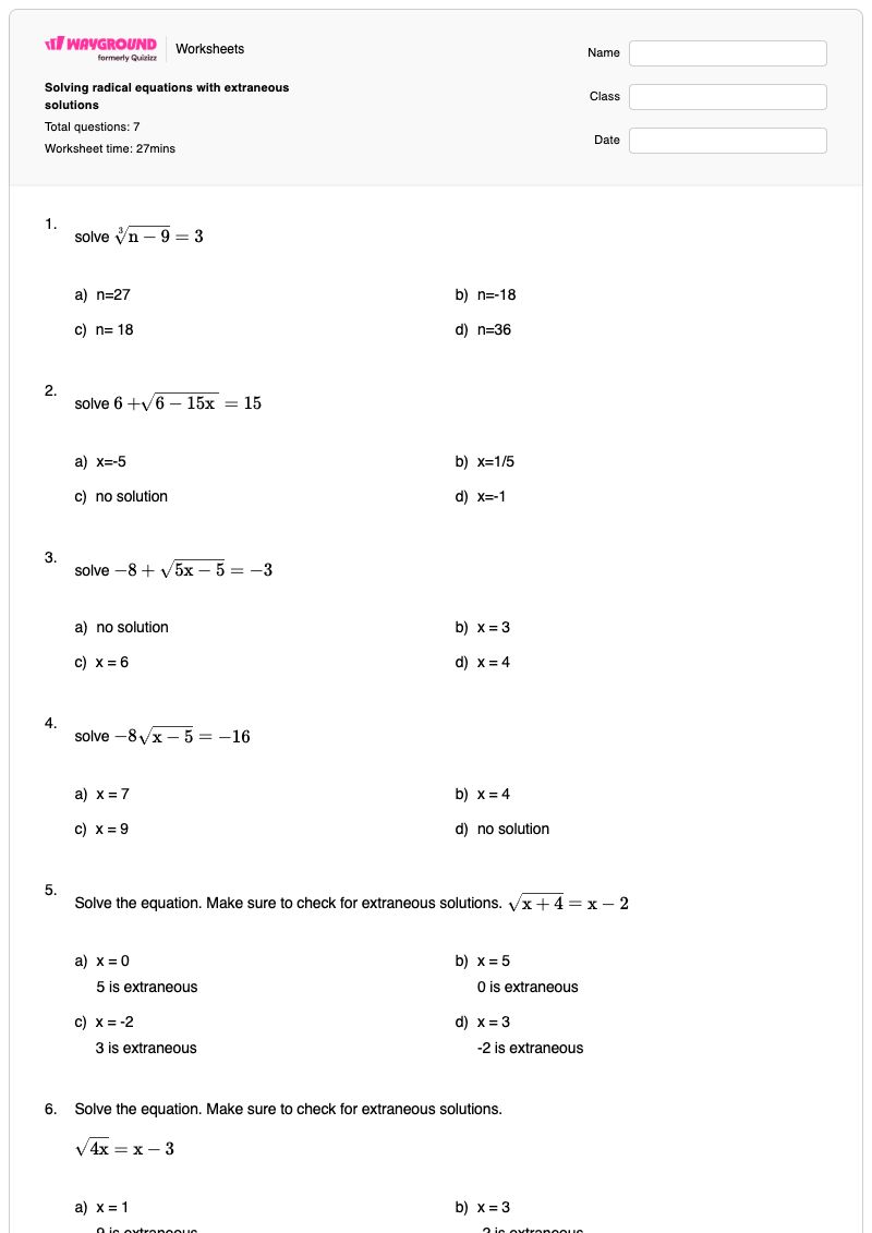 Solving radical equations with extraneous solutions - พิมพ์ได้ Solving-radical-equations เวิร์กชีท - Wayground