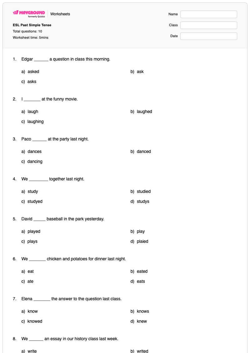 ESL Past Simple Tense - พิมพ์ได้ กาลอดีตแบบง่าย เวิร์กชีท - Wayground