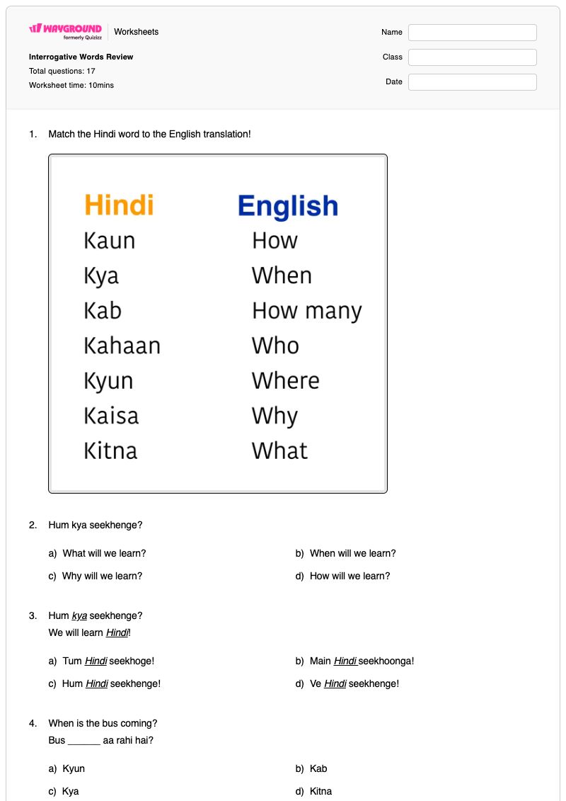 Interrogative Words Review - Imprimible Hindi Hojas-de-trabajo - Wayground