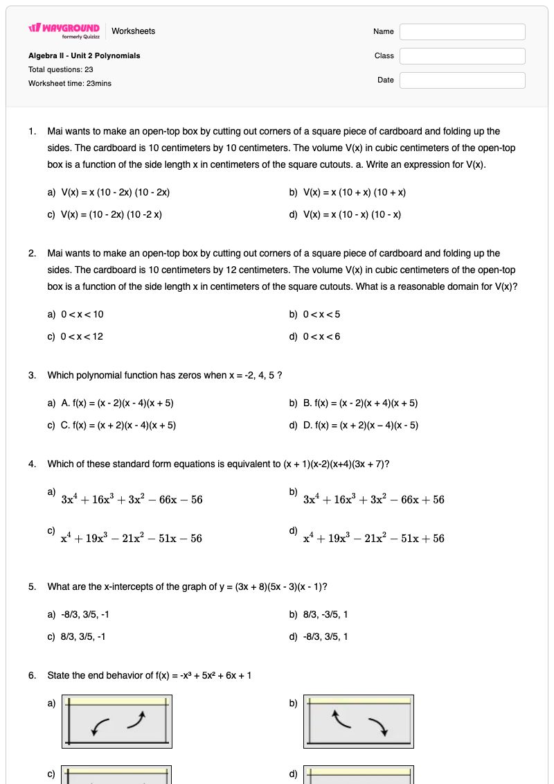 Algebra II - Unit 2 Polynomials - Printable Characteristics-of-polynomials Worksheets Year 11 - Wayground