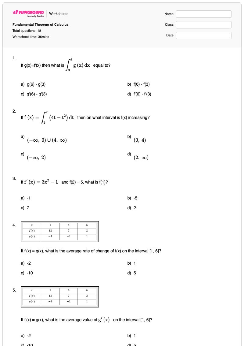 Fundamental Theorem of Calculus - Printable Calculus Worksheets - Wayground