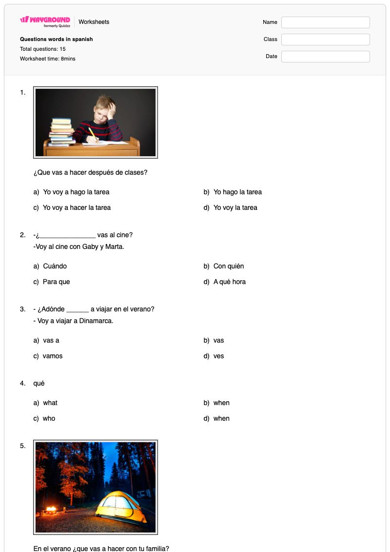 Questions words in spanish - Imprimible Cámping Hojas-de-trabajo Grado 9 - Wayground